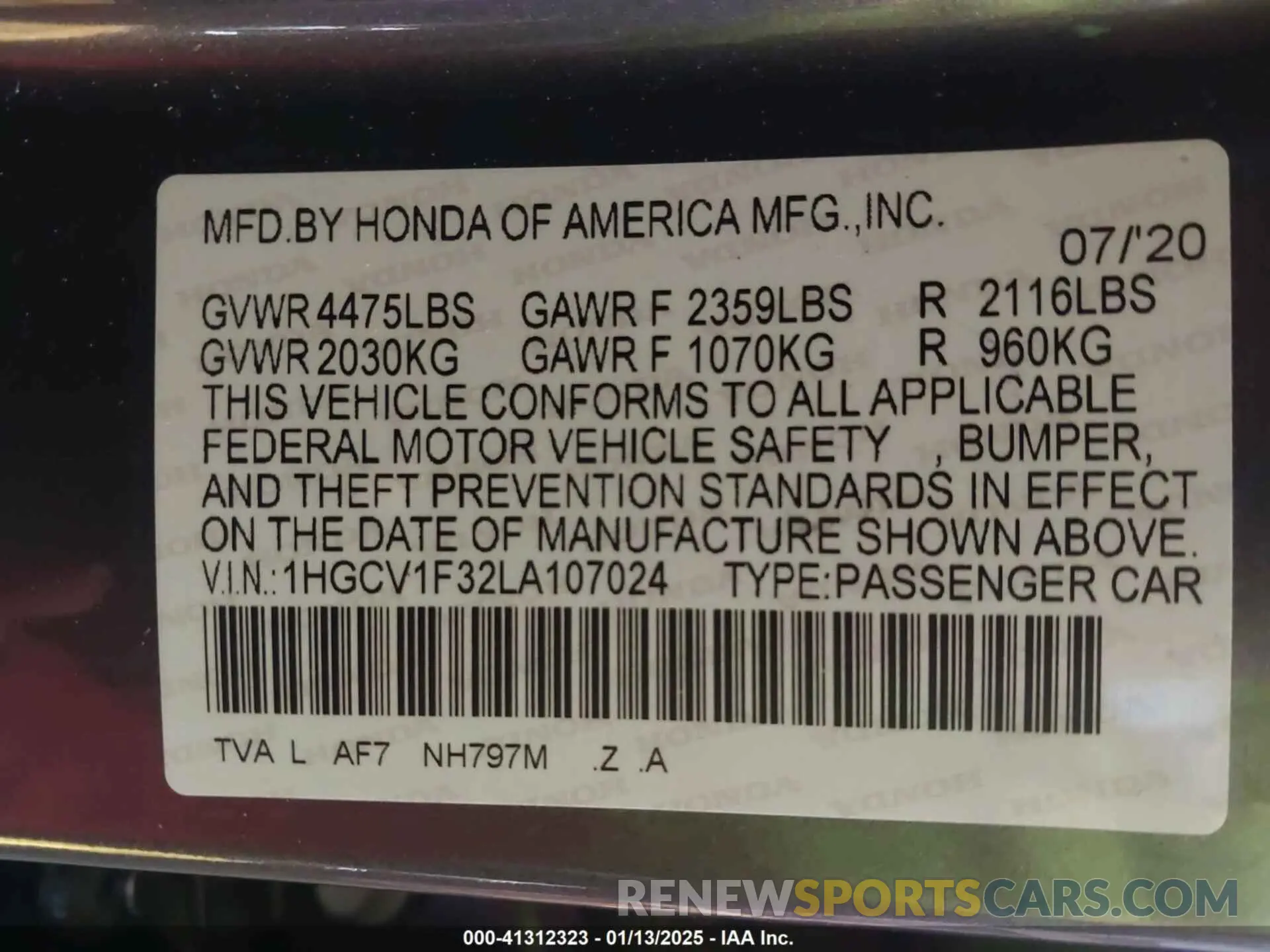 9 Photograph of a damaged car 1HGCV1F32LA107024 HONDA ACCORD 2020