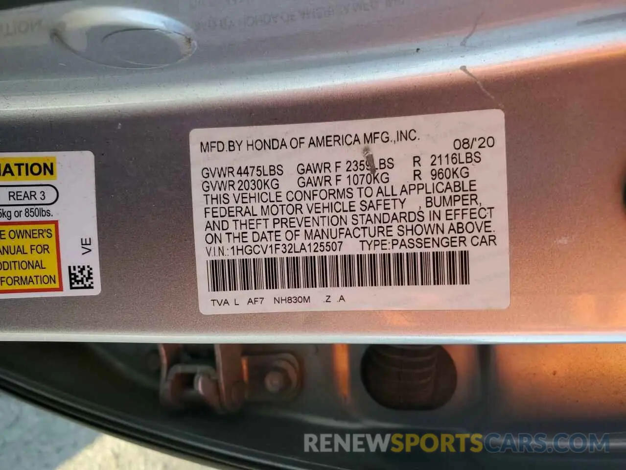 14 Фотография поврежденного автомобиля 1HGCV1F32LA125507 HONDA ACCORD 2020