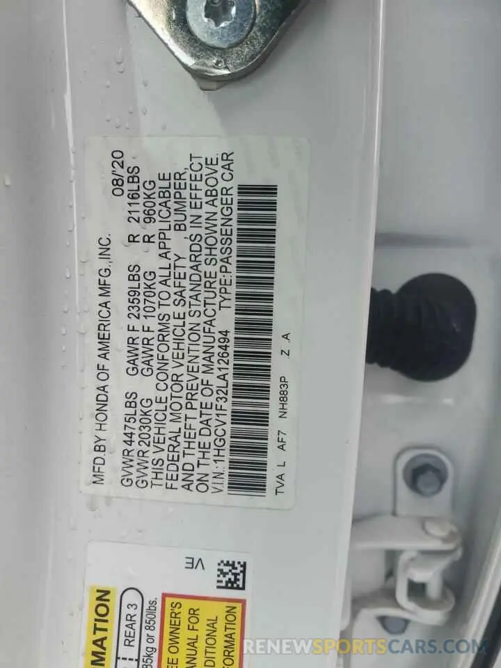 12 Фотография поврежденного автомобиля 1HGCV1F32LA126494 HONDA ACCORD 2020