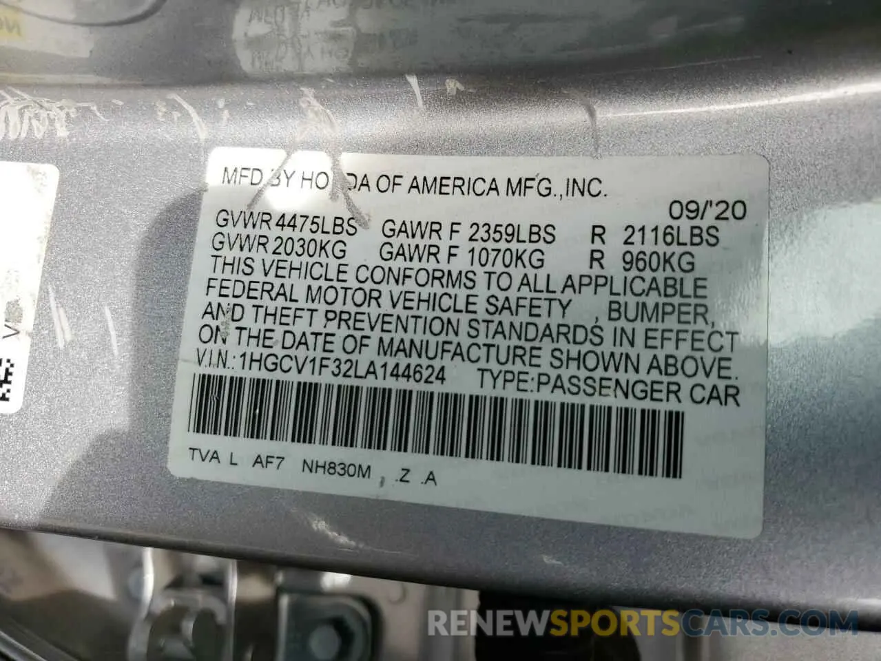 12 Фотография поврежденного автомобиля 1HGCV1F32LA144624 HONDA ACCORD 2020