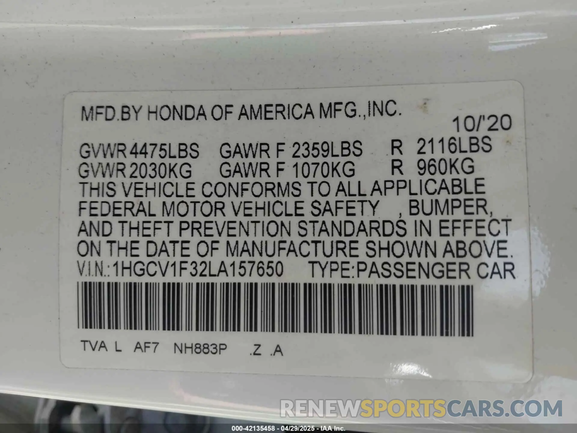 9 Фотография поврежденного автомобиля 1HGCV1F32LA157650 HONDA ACCORD 2020
