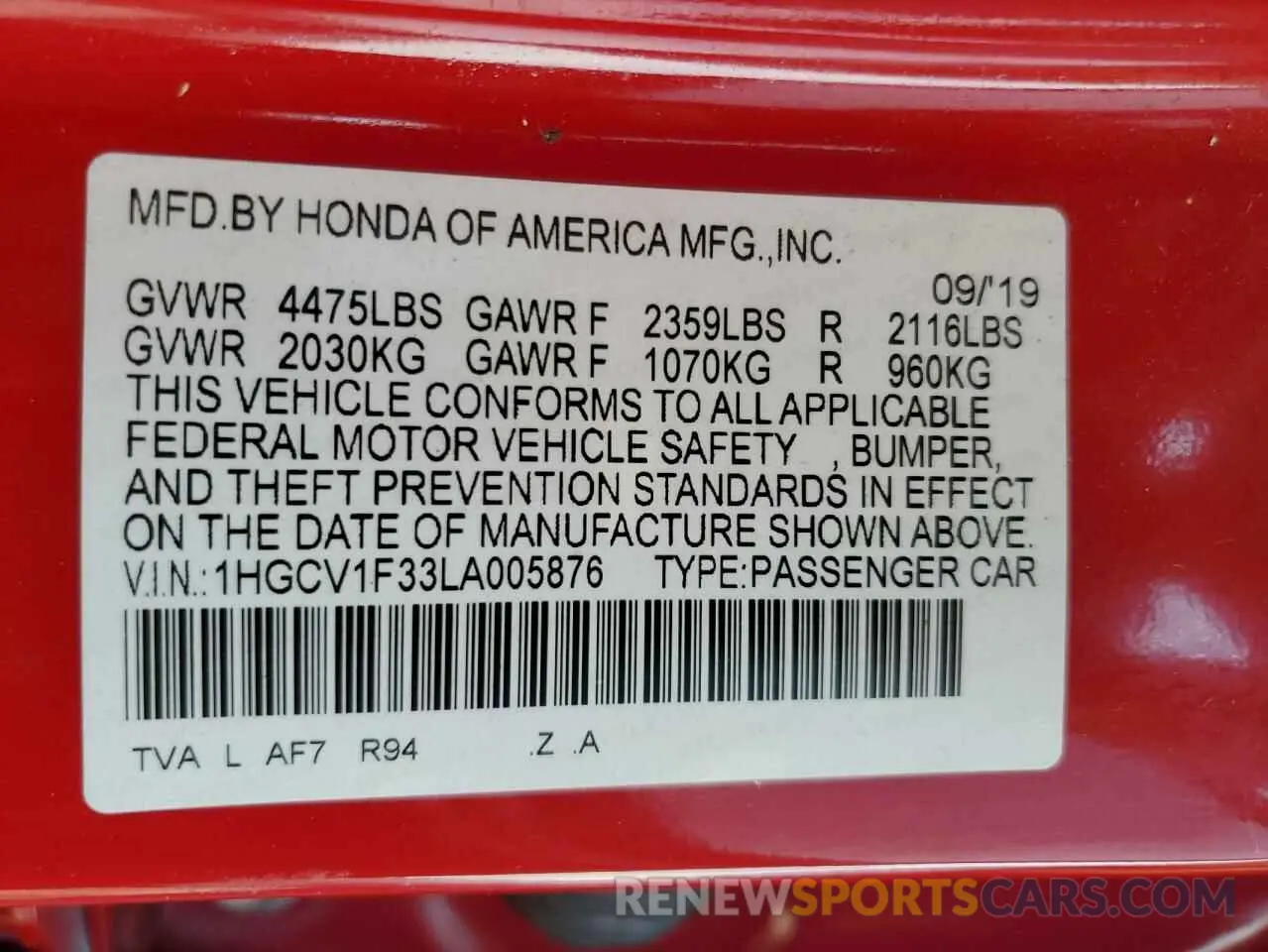 13 Фотография поврежденного автомобиля 1HGCV1F33LA005876 HONDA ACCORD 2020