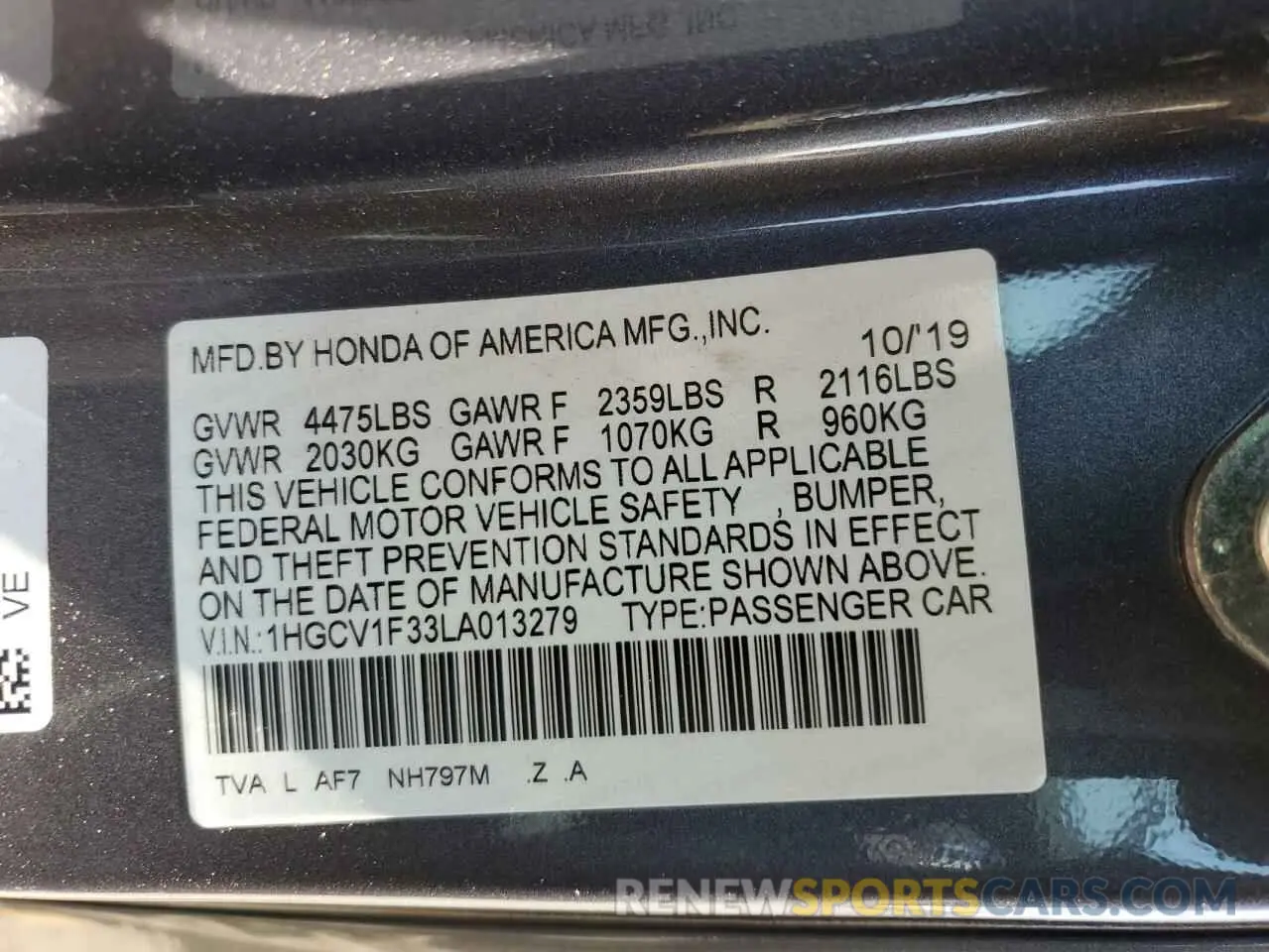 12 Photograph of a damaged car 1HGCV1F33LA013279 HONDA ACCORD 2020