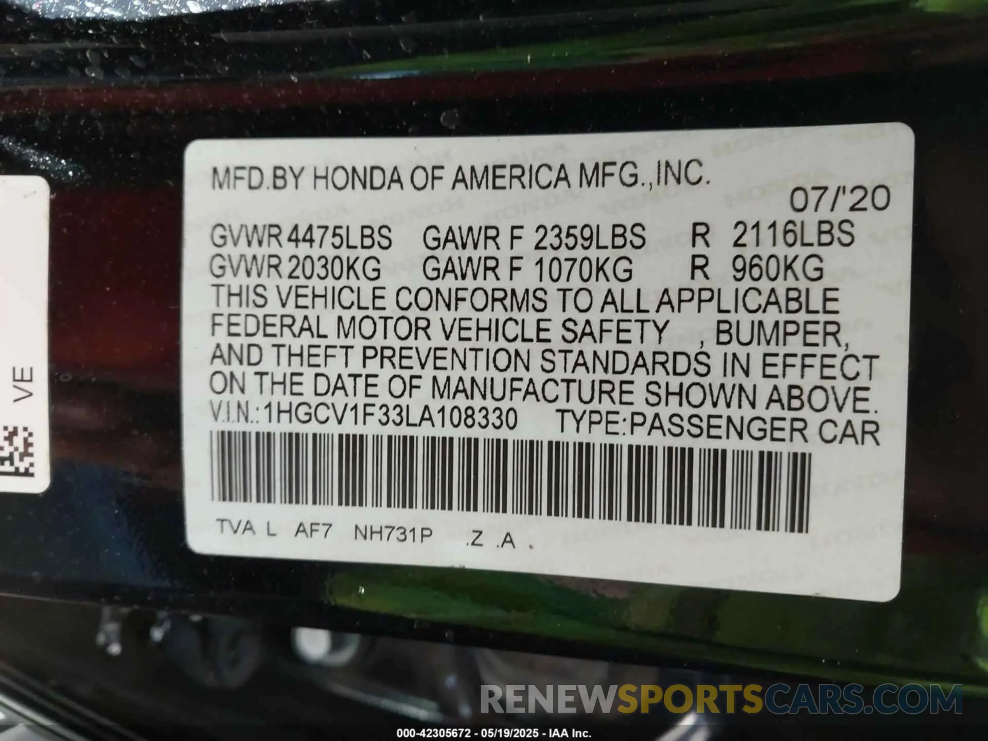 9 Photograph of a damaged car 1HGCV1F33LA108330 HONDA ACCORD 2020