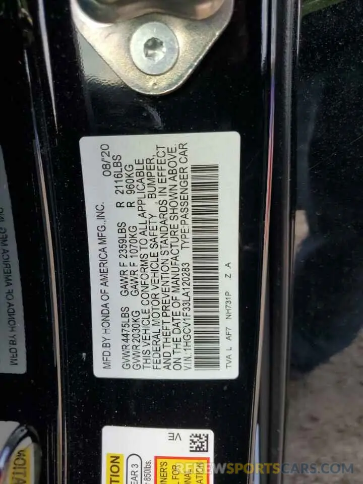 14 Photograph of a damaged car 1HGCV1F33LA120283 HONDA ACCORD 2020