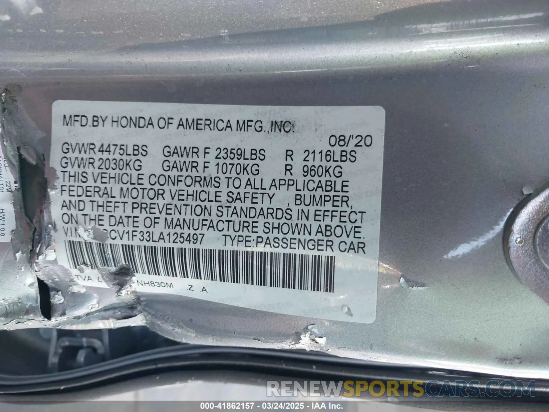 9 Фотография поврежденного автомобиля 1HGCV1F33LA125497 HONDA ACCORD 2020
