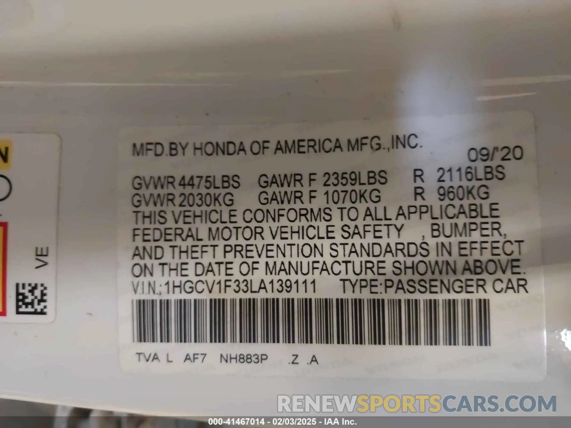9 Фотография поврежденного автомобиля 1HGCV1F33LA139111 HONDA ACCORD 2020
