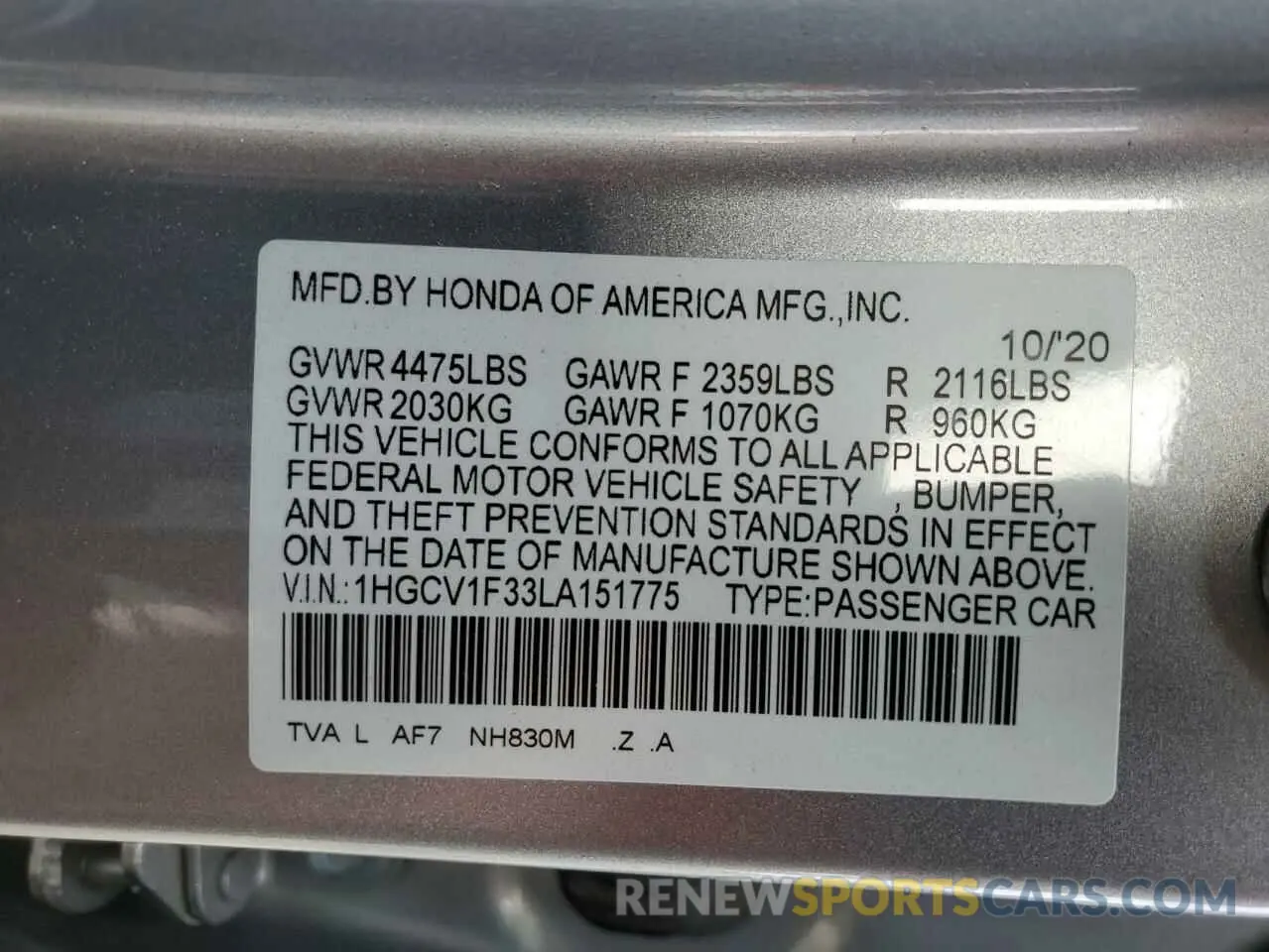 13 Фотография поврежденного автомобиля 1HGCV1F33LA151775 HONDA ACCORD 2020