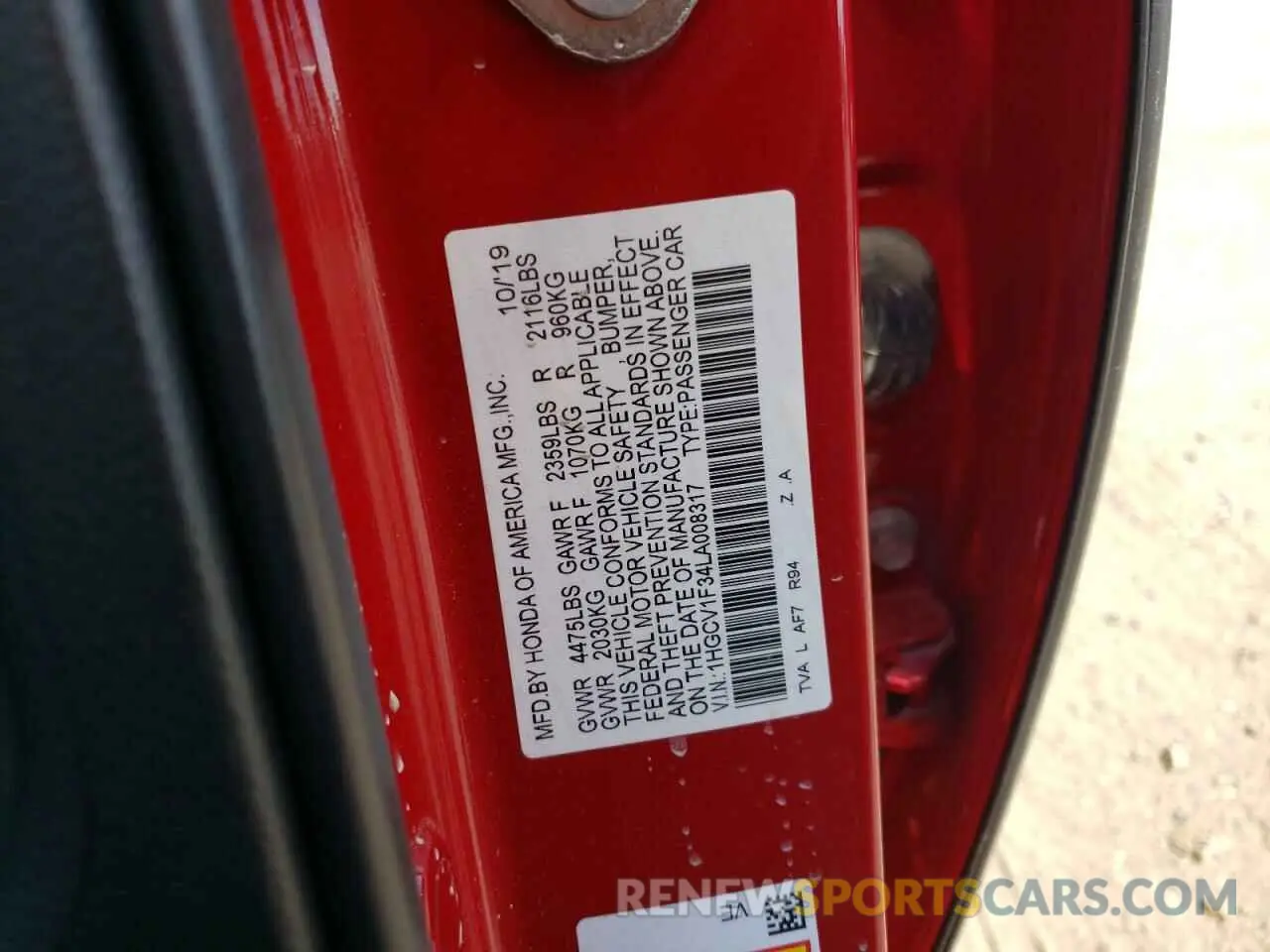 12 Photograph of a damaged car 1HGCV1F34LA008317 HONDA ACCORD 2020