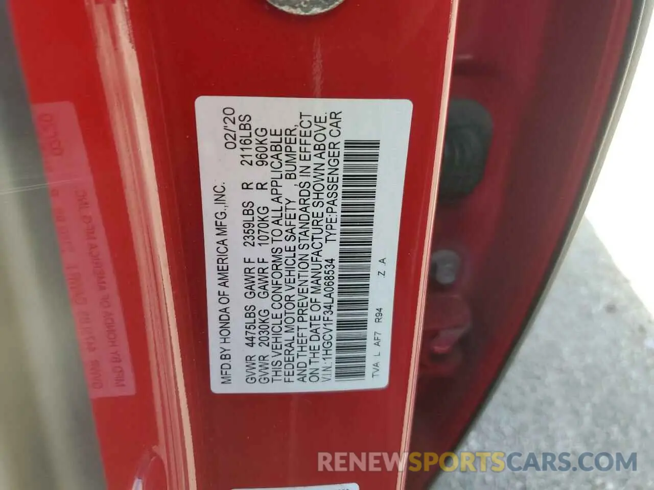 12 Фотография поврежденного автомобиля 1HGCV1F34LA068534 HONDA ACCORD 2020