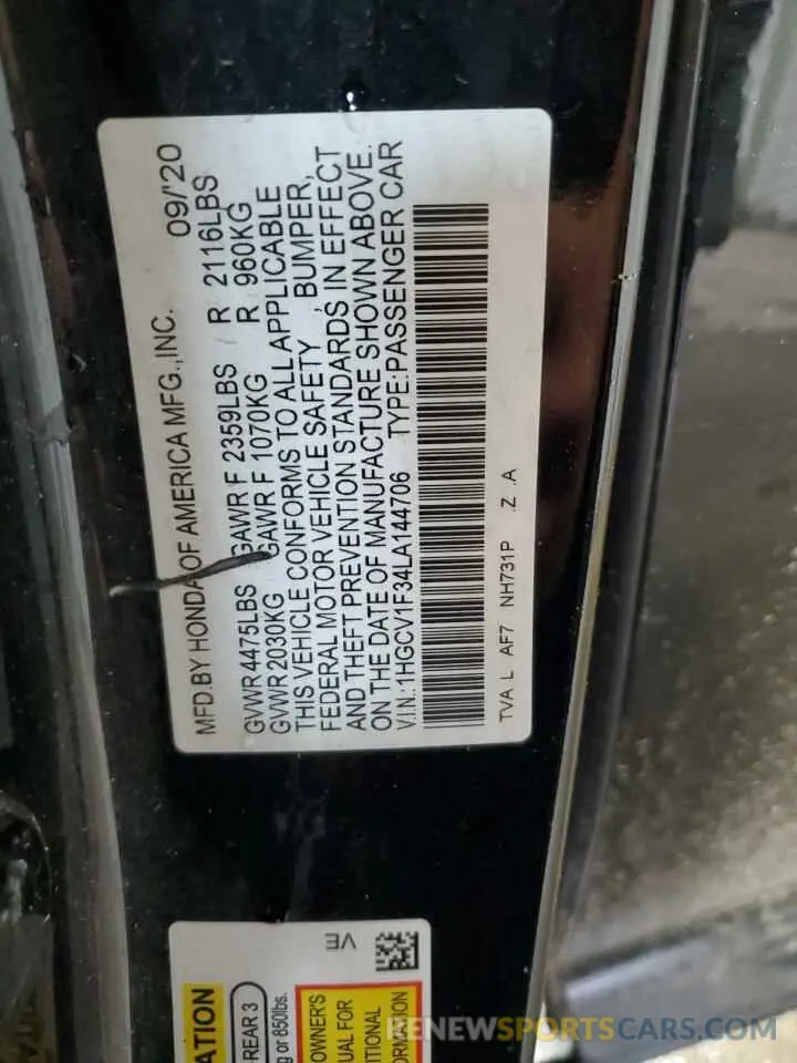 14 Photograph of a damaged car 1HGCV1F34LA144706 HONDA ACCORD 2020
