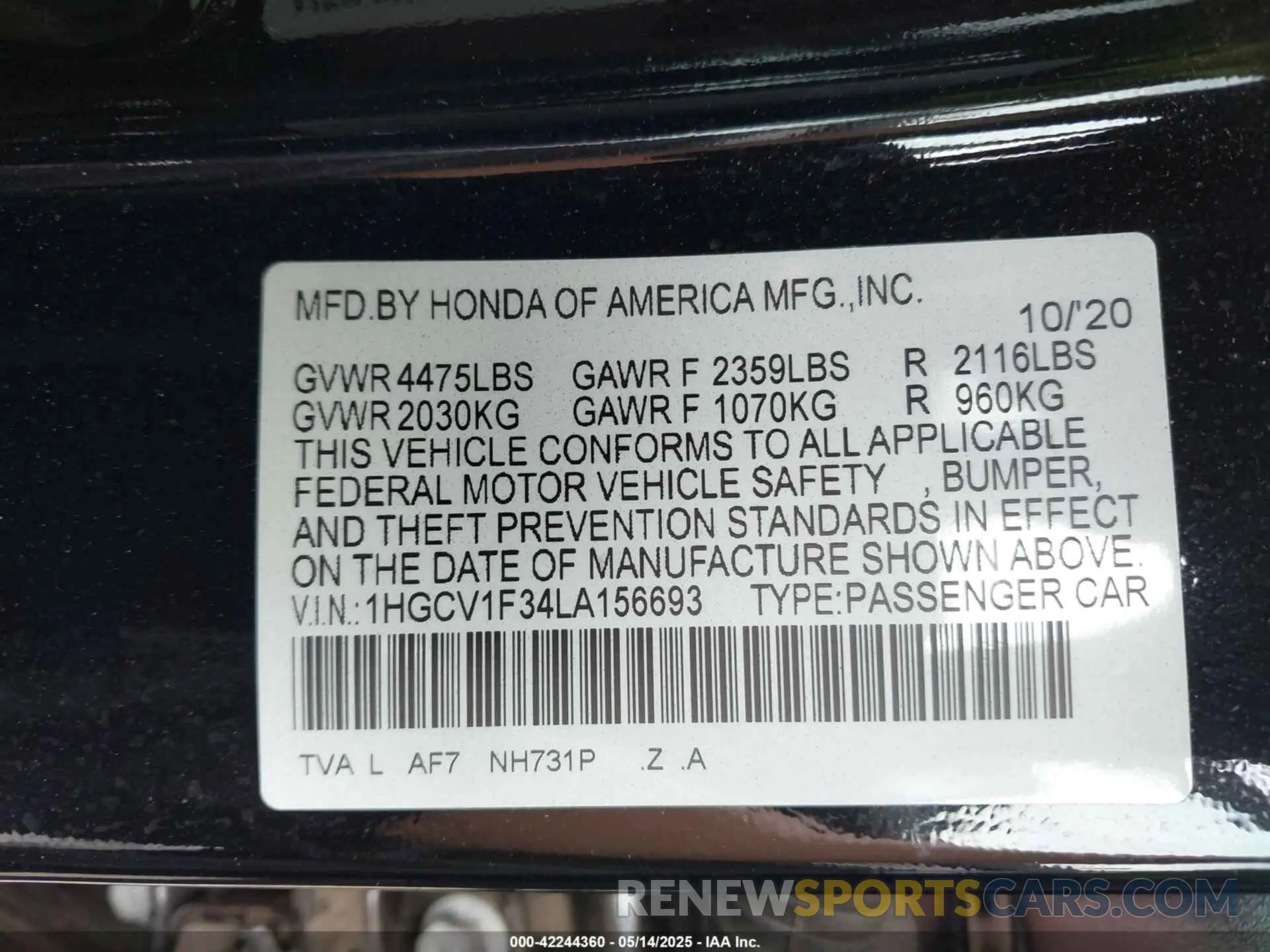 9 Фотография поврежденного автомобиля 1HGCV1F34LA156693 HONDA ACCORD 2020