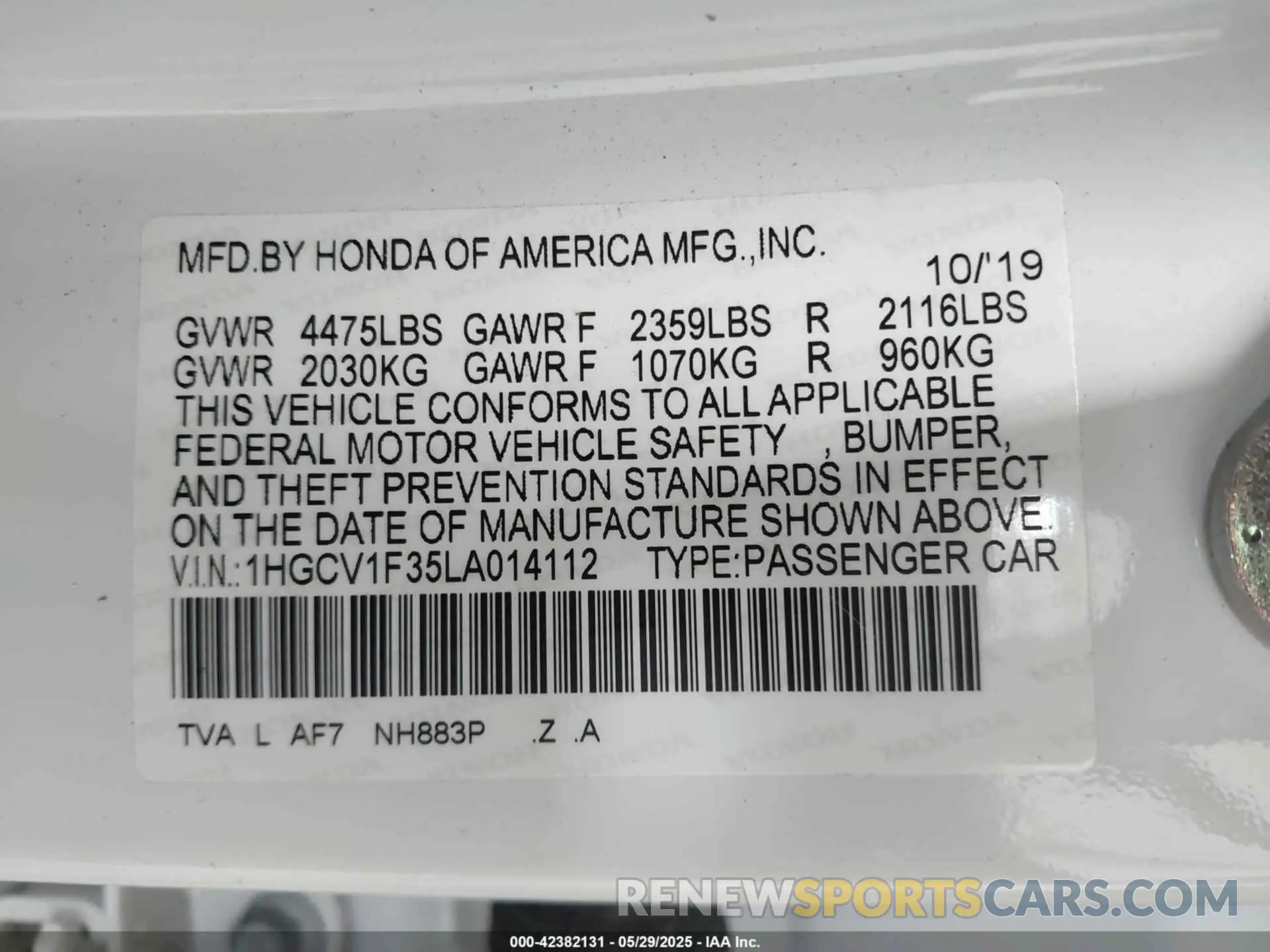 9 Фотография поврежденного автомобиля 1HGCV1F35LA014112 HONDA ACCORD 2020