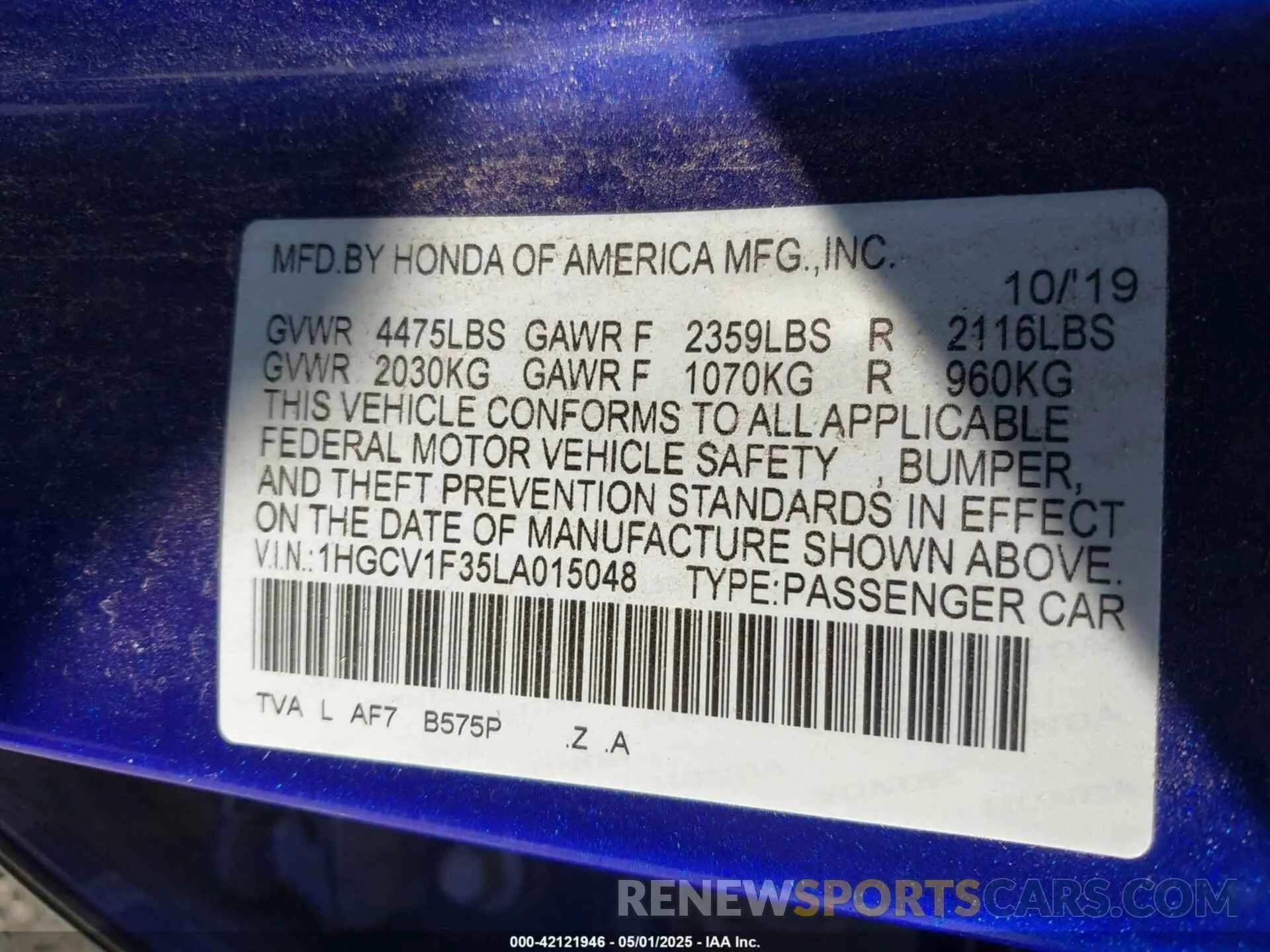 9 Photograph of a damaged car 1HGCV1F35LA015048 HONDA ACCORD 2020