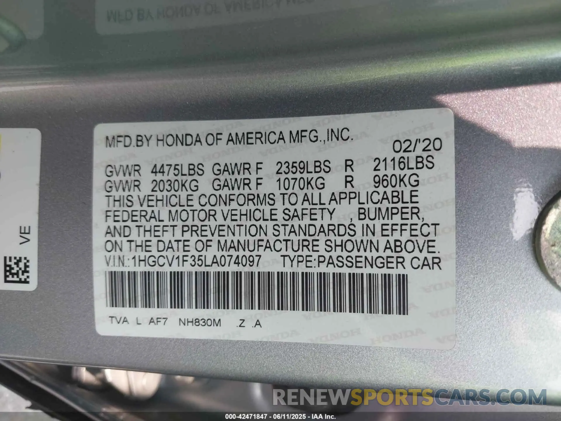 9 Photograph of a damaged car 1HGCV1F35LA074097 HONDA ACCORD 2020
