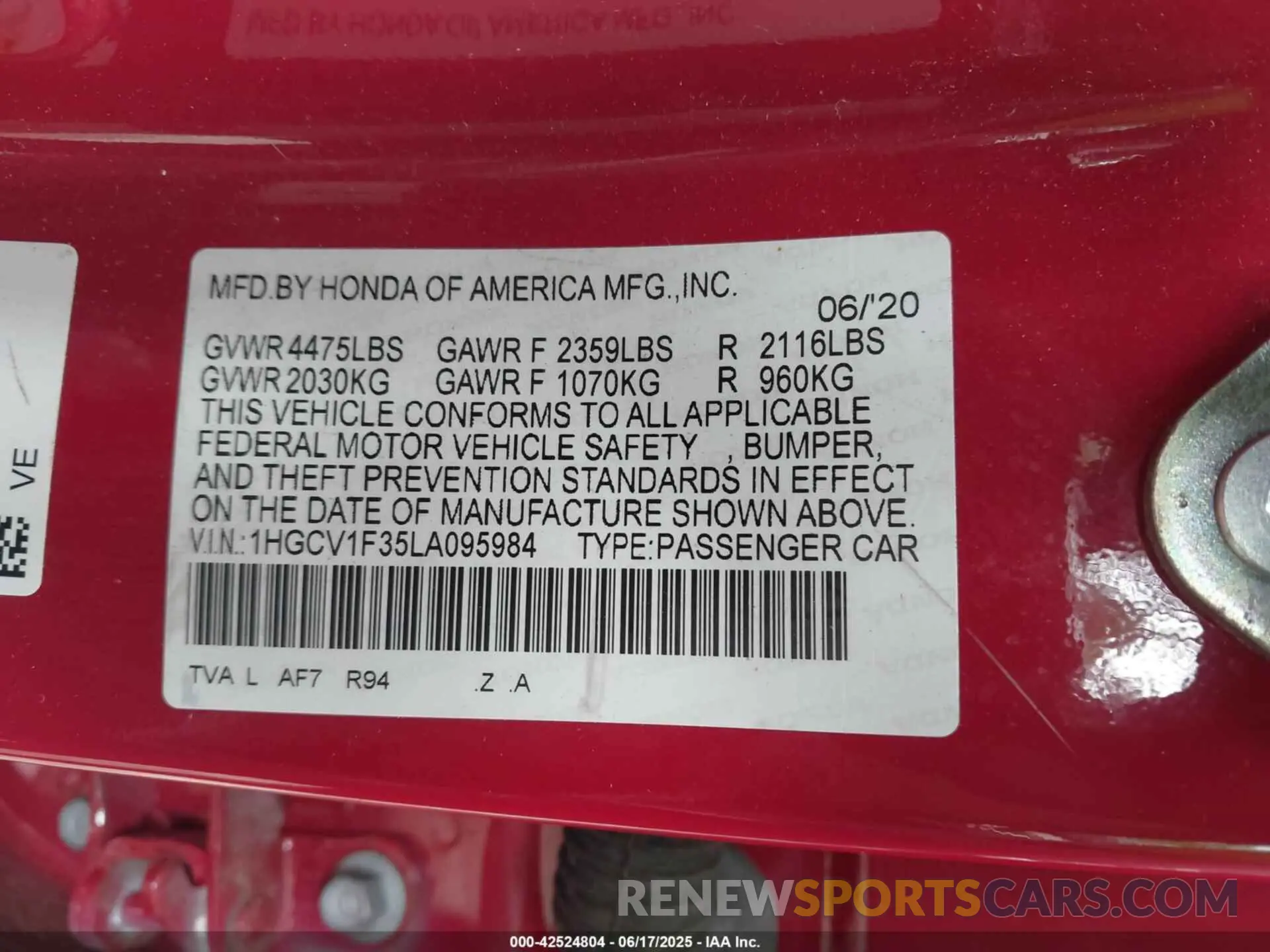 9 Фотография поврежденного автомобиля 1HGCV1F35LA095984 HONDA ACCORD 2020