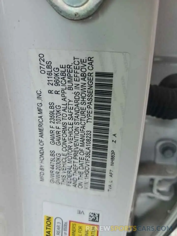 14 Фотография поврежденного автомобиля 1HGCV1F35LA108233 HONDA ACCORD 2020