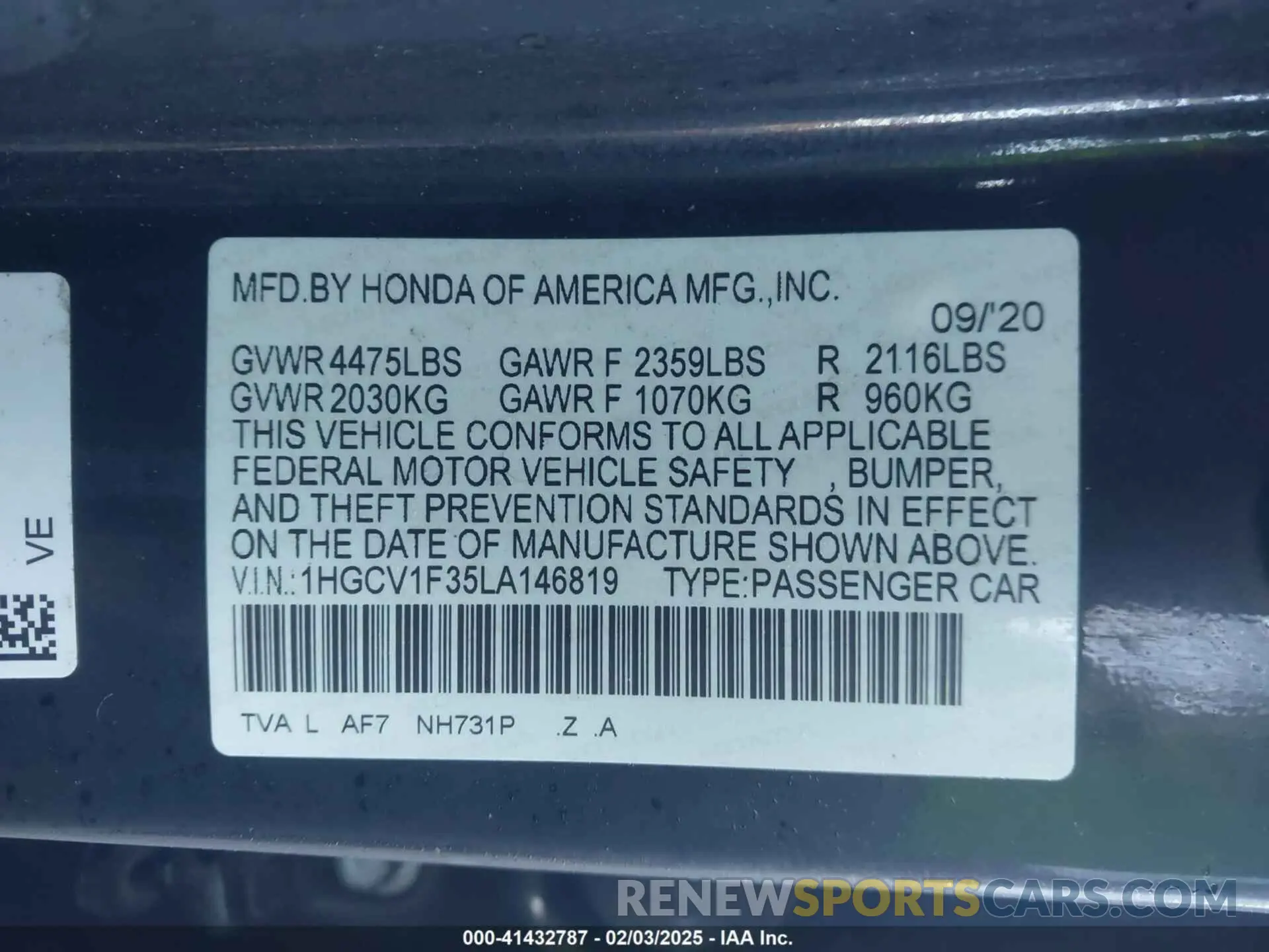 9 Фотография поврежденного автомобиля 1HGCV1F35LA146819 HONDA ACCORD 2020