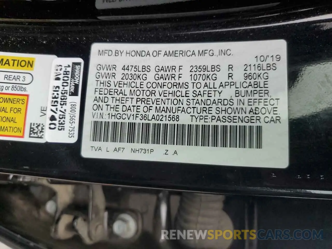 13 Photograph of a damaged car 1HGCV1F36LA021568 HONDA ACCORD 2020