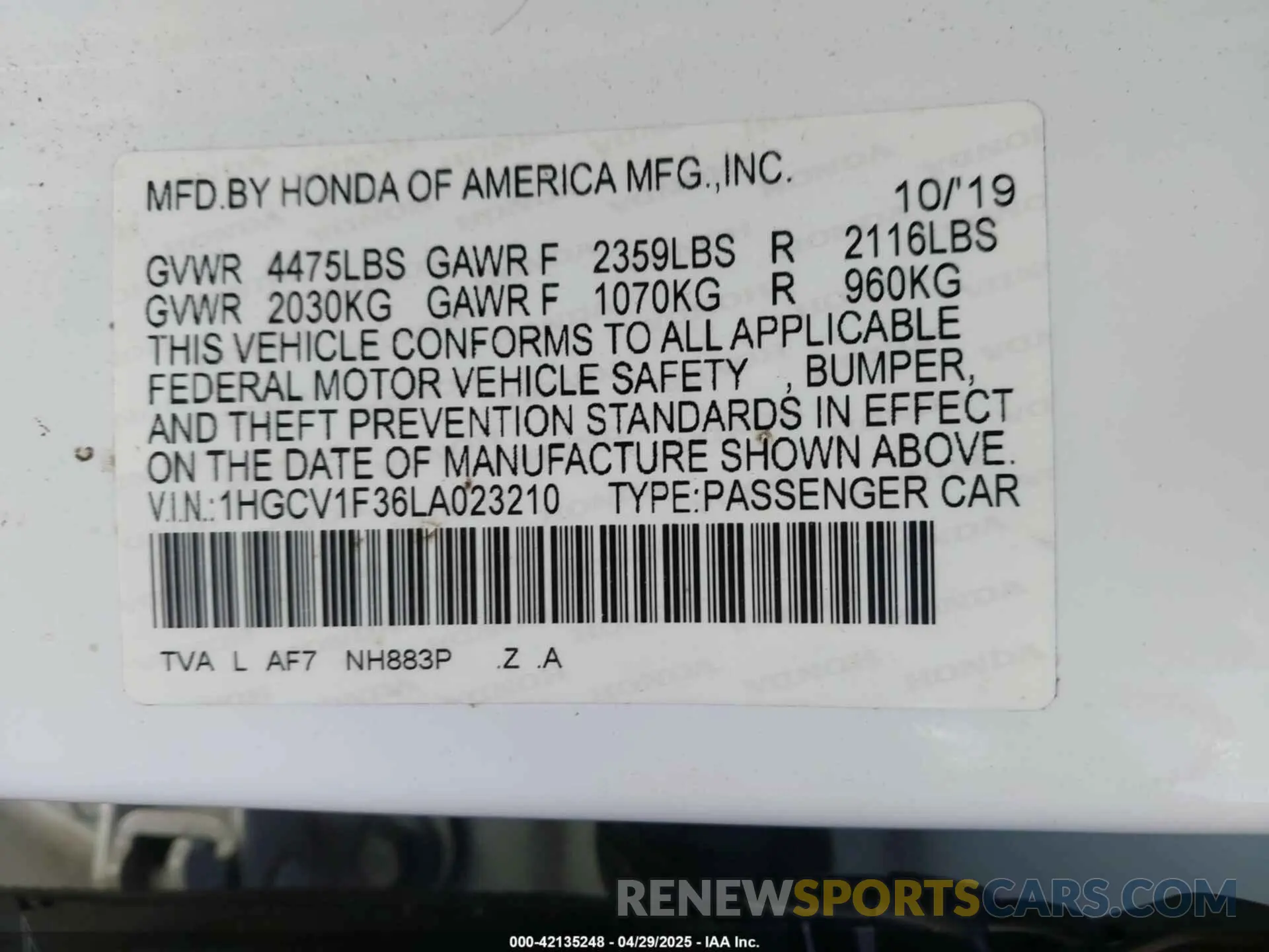 9 Фотография поврежденного автомобиля 1HGCV1F36LA023210 HONDA ACCORD 2020