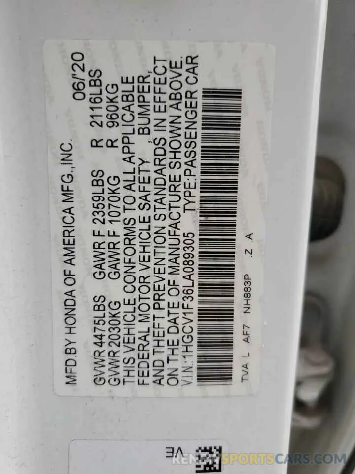 12 Photograph of a damaged car 1HGCV1F36LA089305 HONDA ACCORD 2020