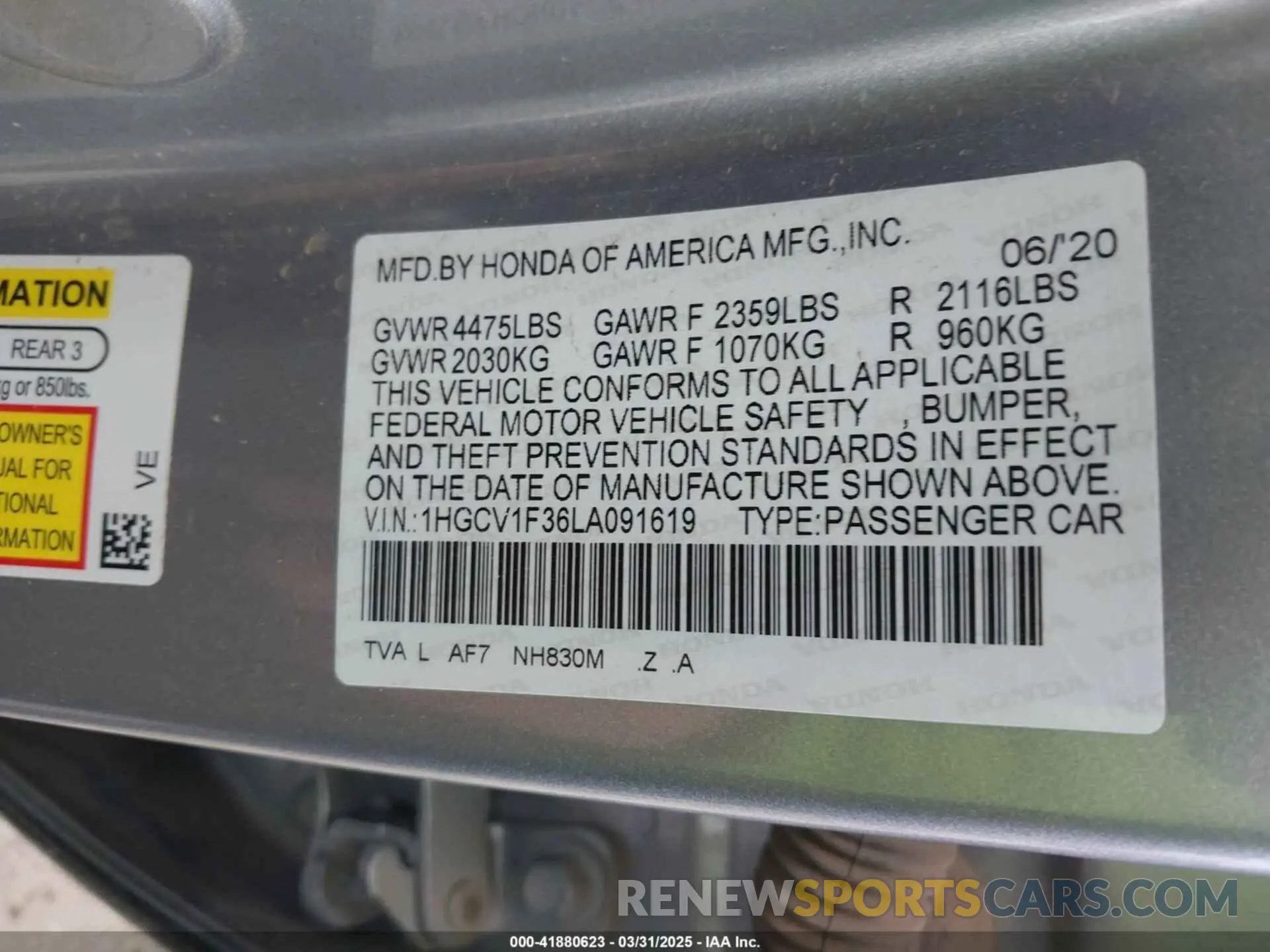 9 Фотография поврежденного автомобиля 1HGCV1F36LA091619 HONDA ACCORD 2020