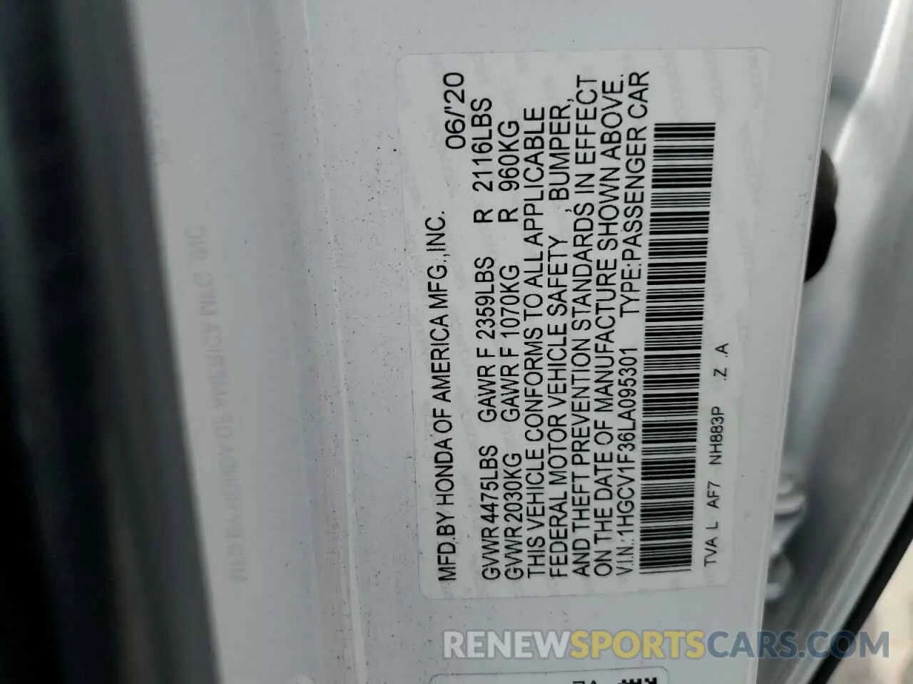 14 Photograph of a damaged car 1HGCV1F36LA095301 HONDA ACCORD 2020