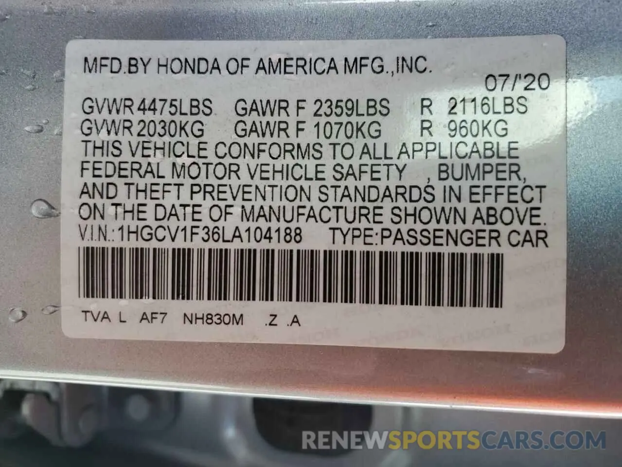 12 Фотография поврежденного автомобиля 1HGCV1F36LA104188 HONDA ACCORD 2020