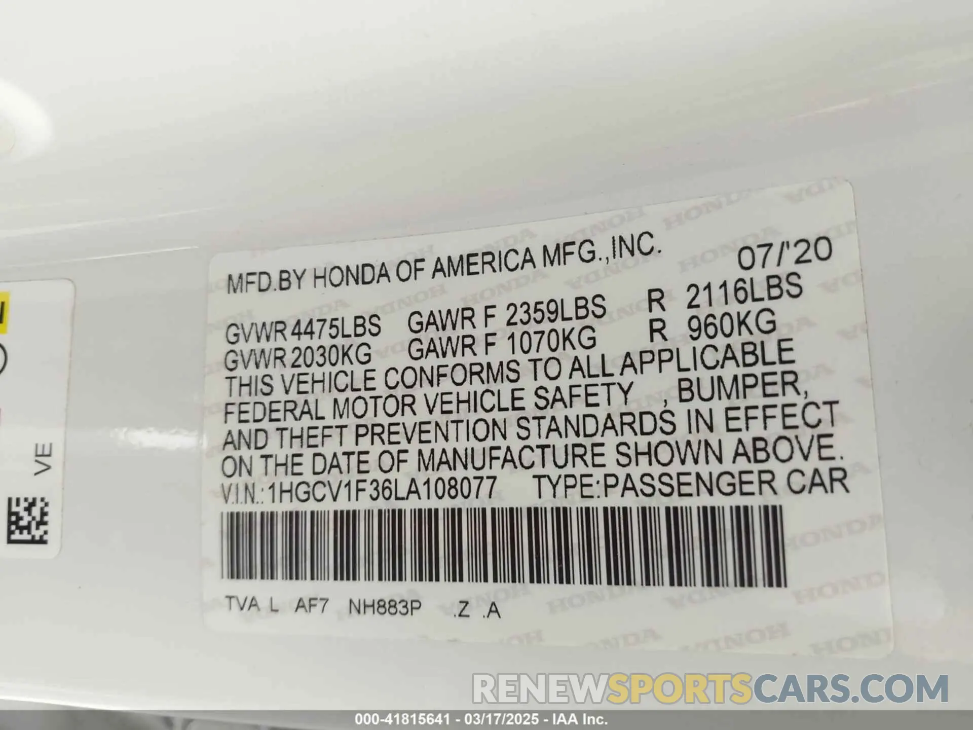9 Фотография поврежденного автомобиля 1HGCV1F36LA108077 HONDA ACCORD 2020