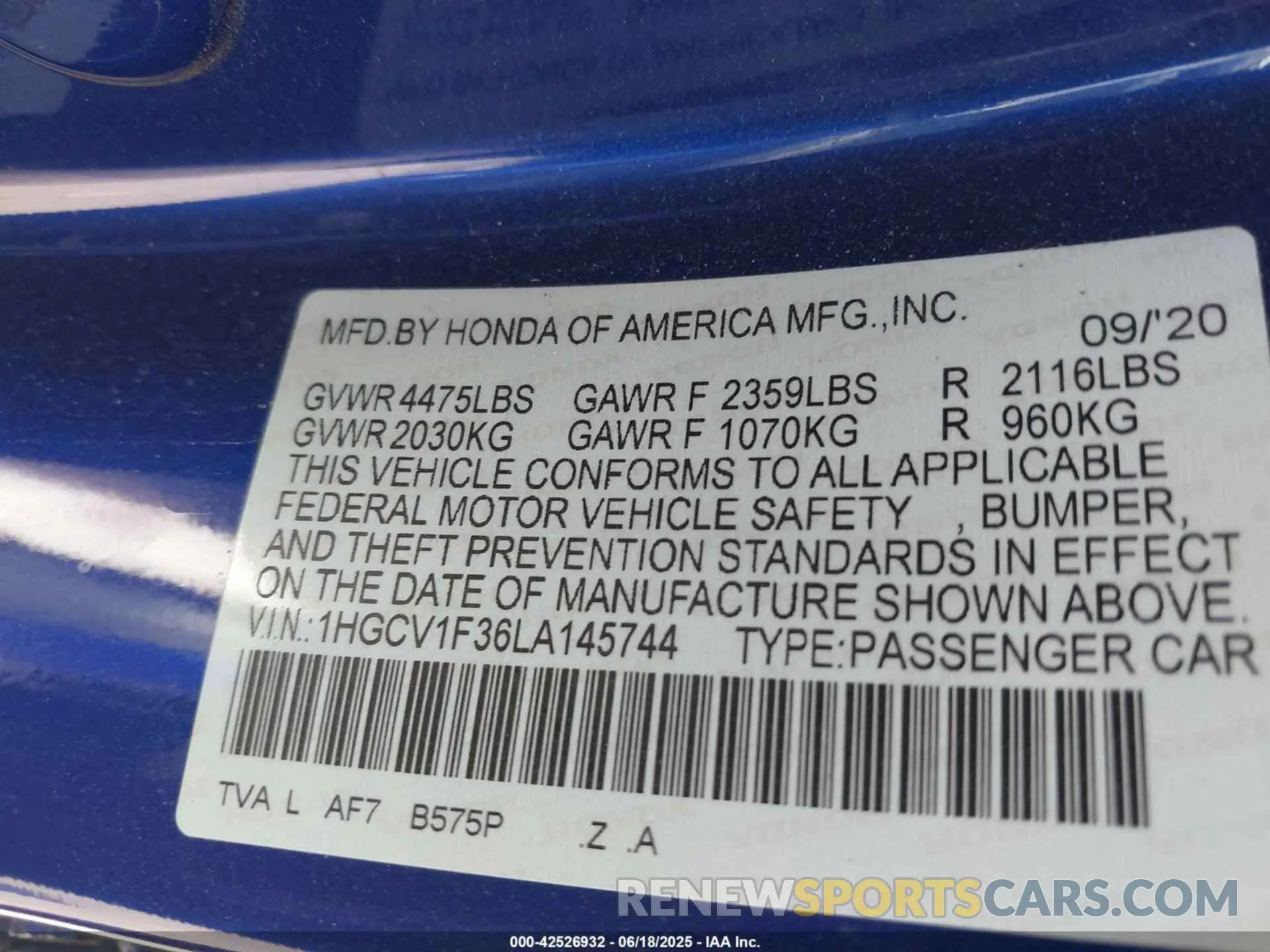 9 Photograph of a damaged car 1HGCV1F36LA145744 HONDA ACCORD 2020