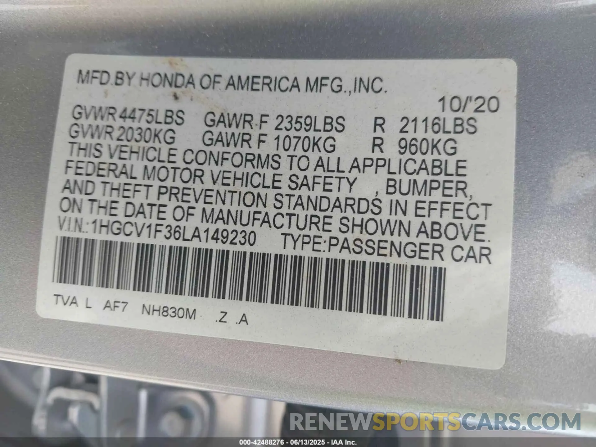 9 Photograph of a damaged car 1HGCV1F36LA149230 HONDA ACCORD 2020