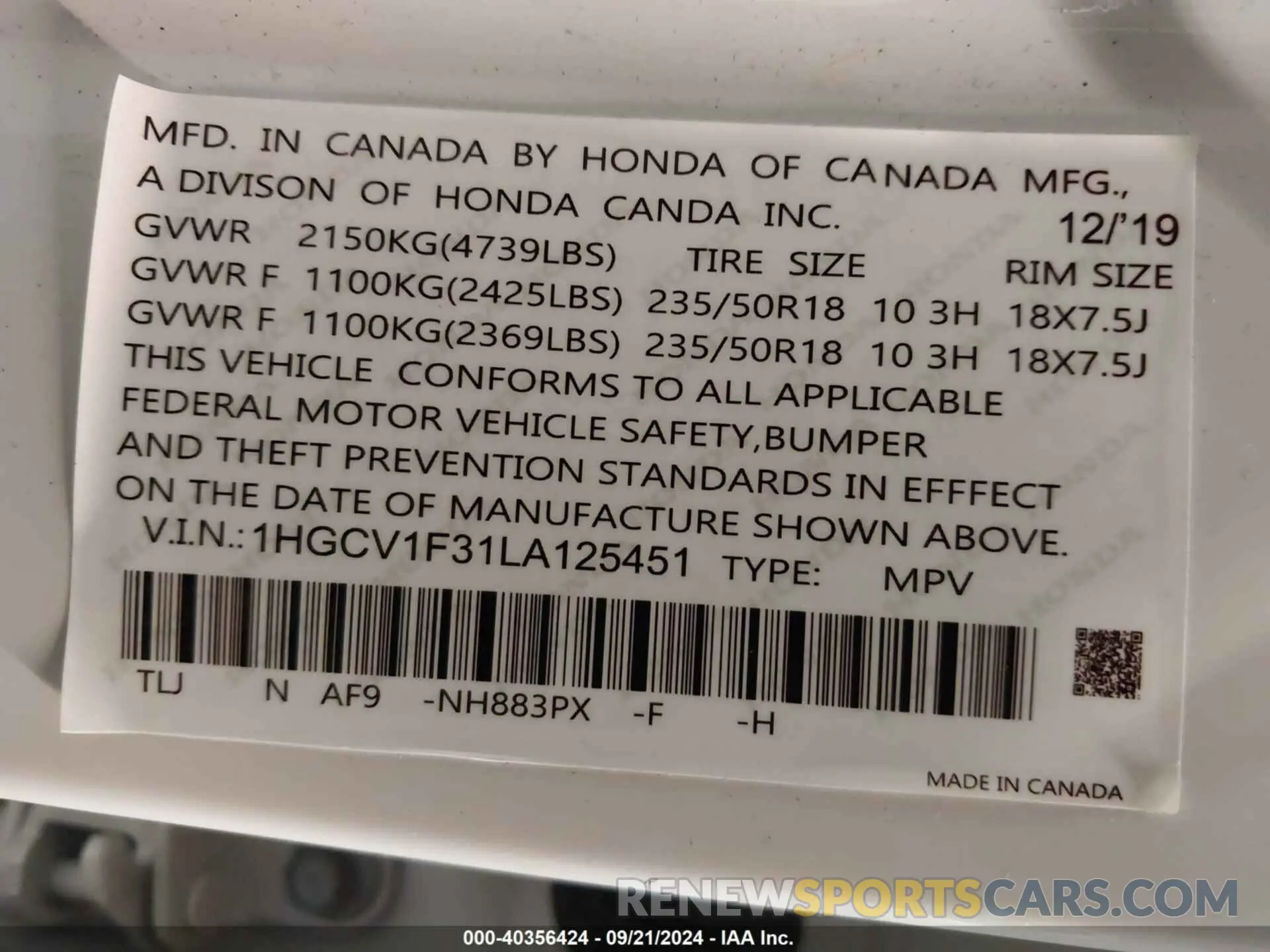 9 Photograph of a damaged car 1HGCV1F36LA155092 HONDA ACCORD 2020