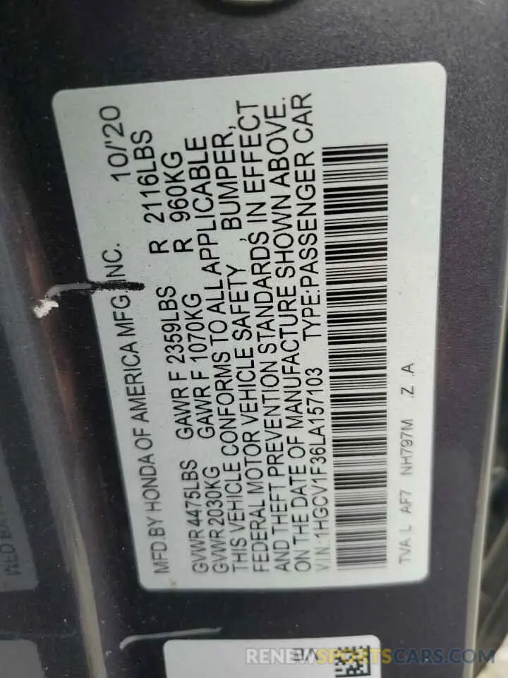 14 Фотография поврежденного автомобиля 1HGCV1F36LA157103 HONDA ACCORD 2020
