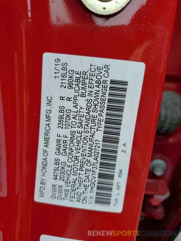 12 Фотография поврежденного автомобиля 1HGCV1F37LA027217 HONDA ACCORD 2020