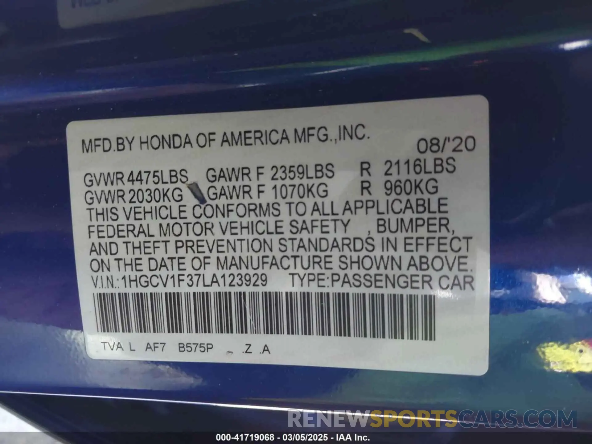 9 Photograph of a damaged car 1HGCV1F37LA123929 HONDA ACCORD 2020