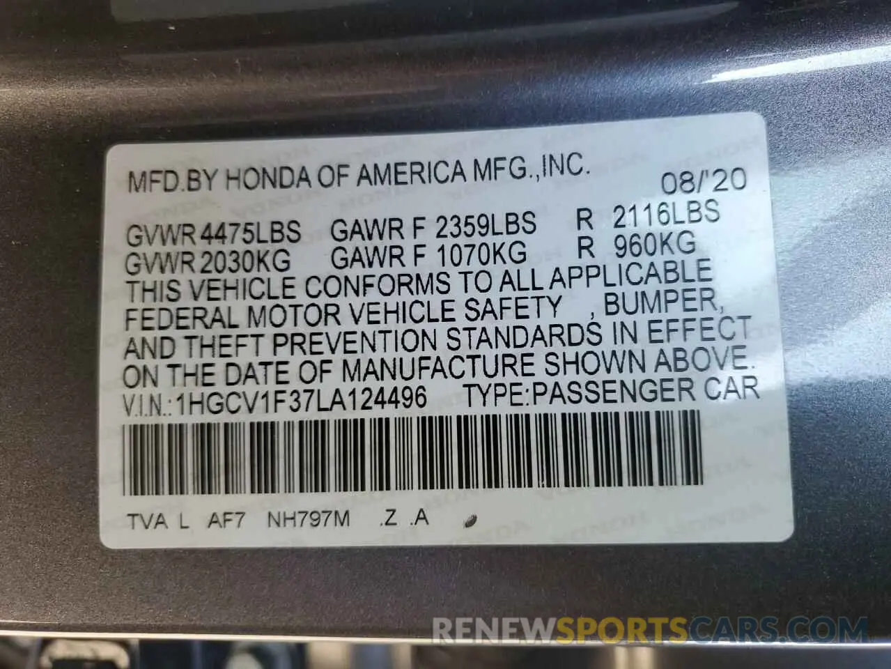 12 Photograph of a damaged car 1HGCV1F37LA124496 HONDA ACCORD 2020