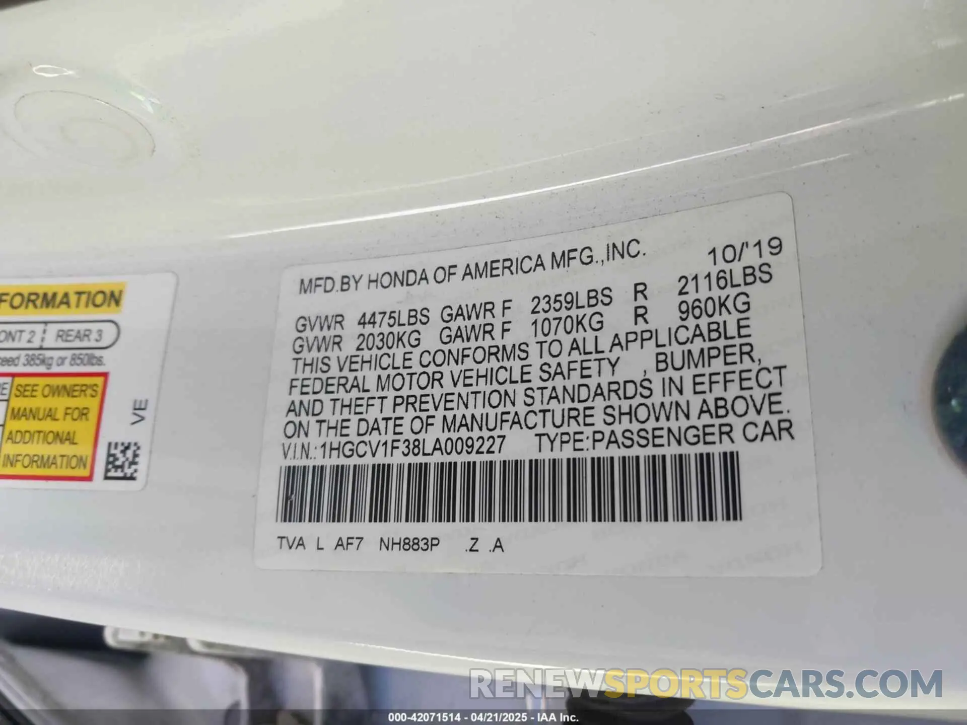9 Фотография поврежденного автомобиля 1HGCV1F38LA009227 HONDA ACCORD 2020