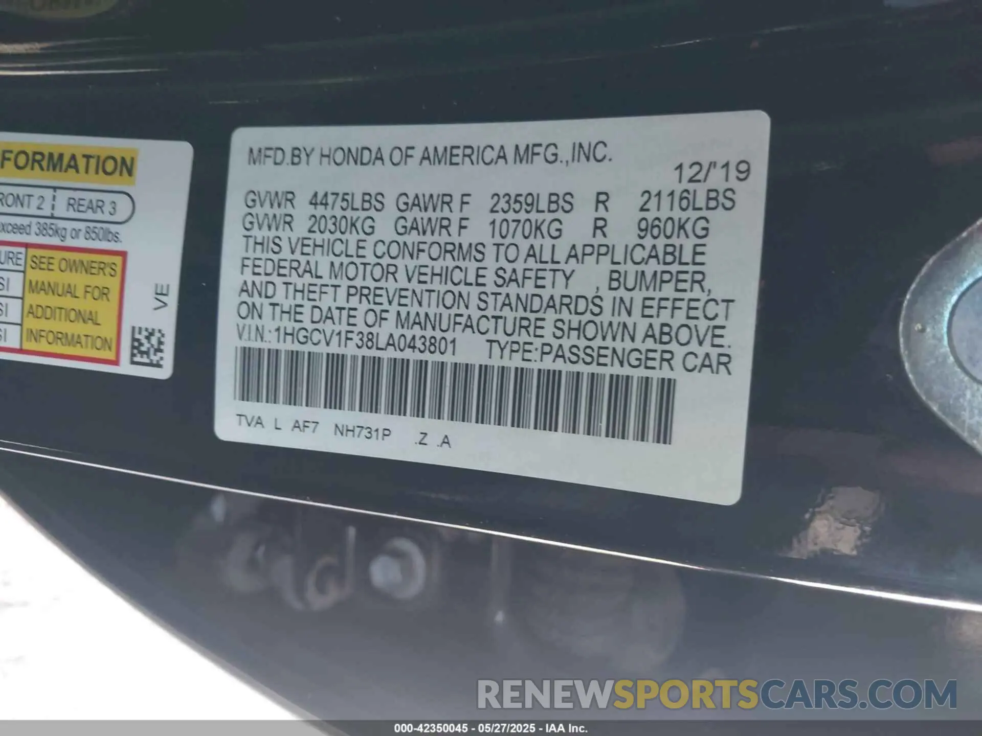 9 Фотография поврежденного автомобиля 1HGCV1F38LA043801 HONDA ACCORD 2020