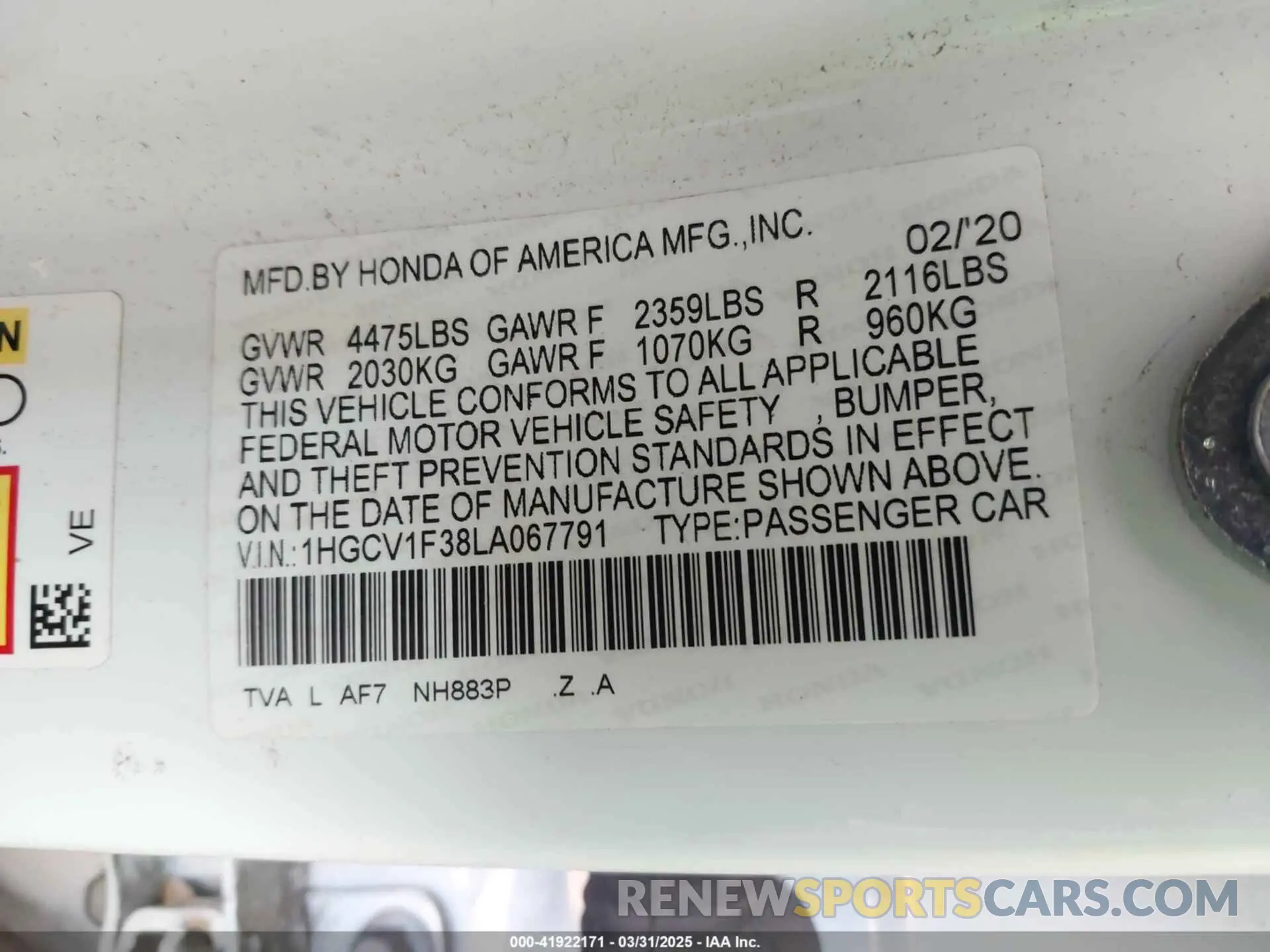 9 Фотография поврежденного автомобиля 1HGCV1F38LA067791 HONDA ACCORD 2020