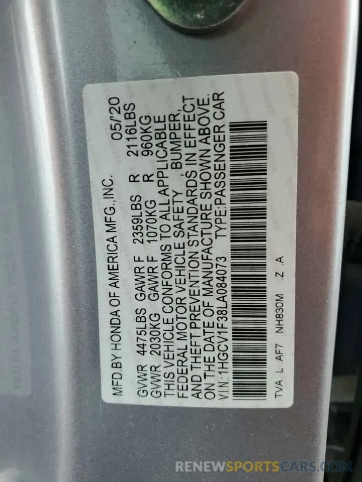 13 Фотография поврежденного автомобиля 1HGCV1F38LA084073 HONDA ACCORD 2020