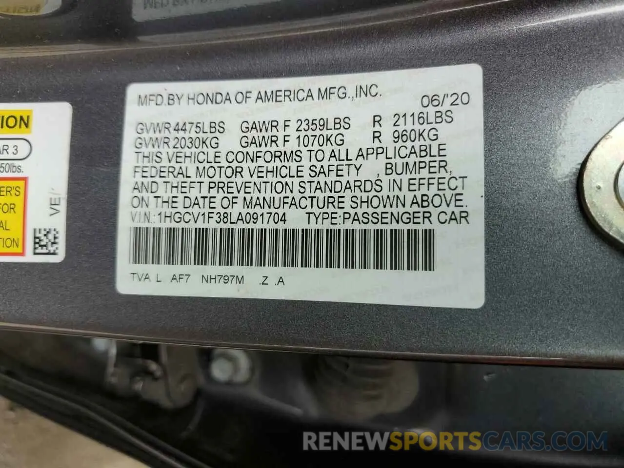 14 Фотография поврежденного автомобиля 1HGCV1F38LA091704 HONDA ACCORD 2020