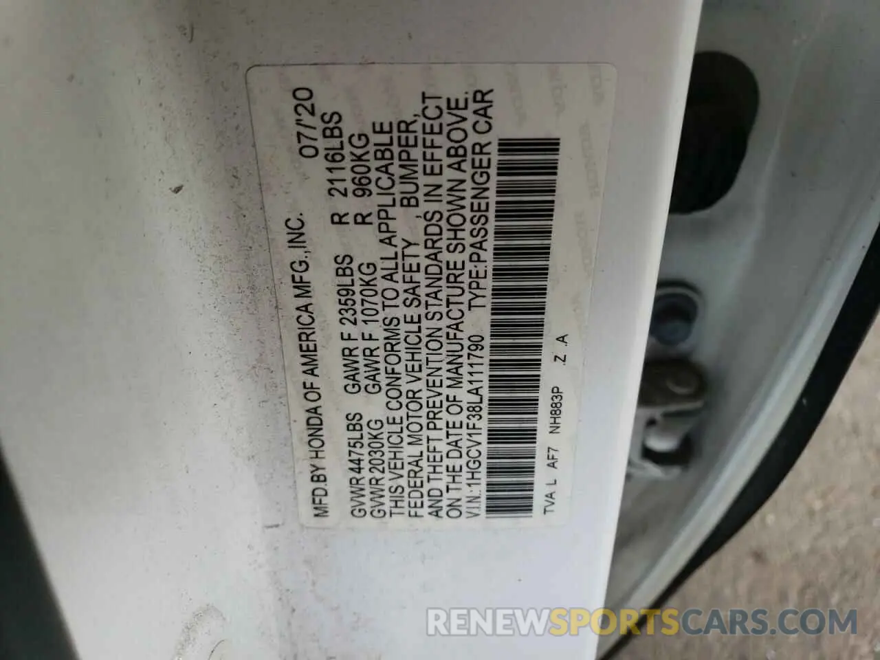 12 Фотография поврежденного автомобиля 1HGCV1F38LA111790 HONDA ACCORD 2020