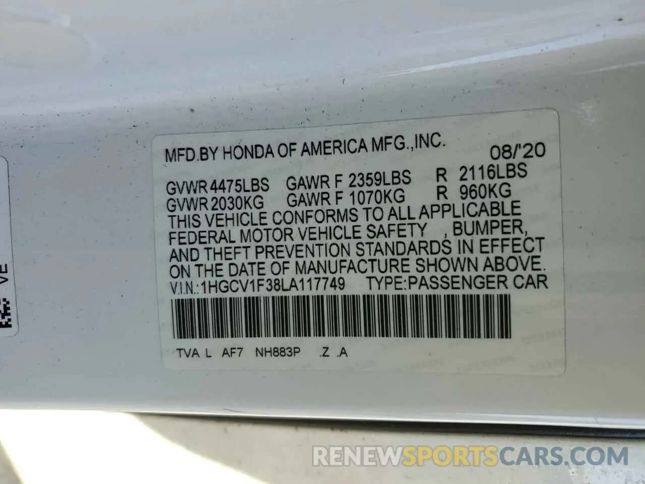 12 Фотография поврежденного автомобиля 1HGCV1F38LA117749 HONDA ACCORD 2020