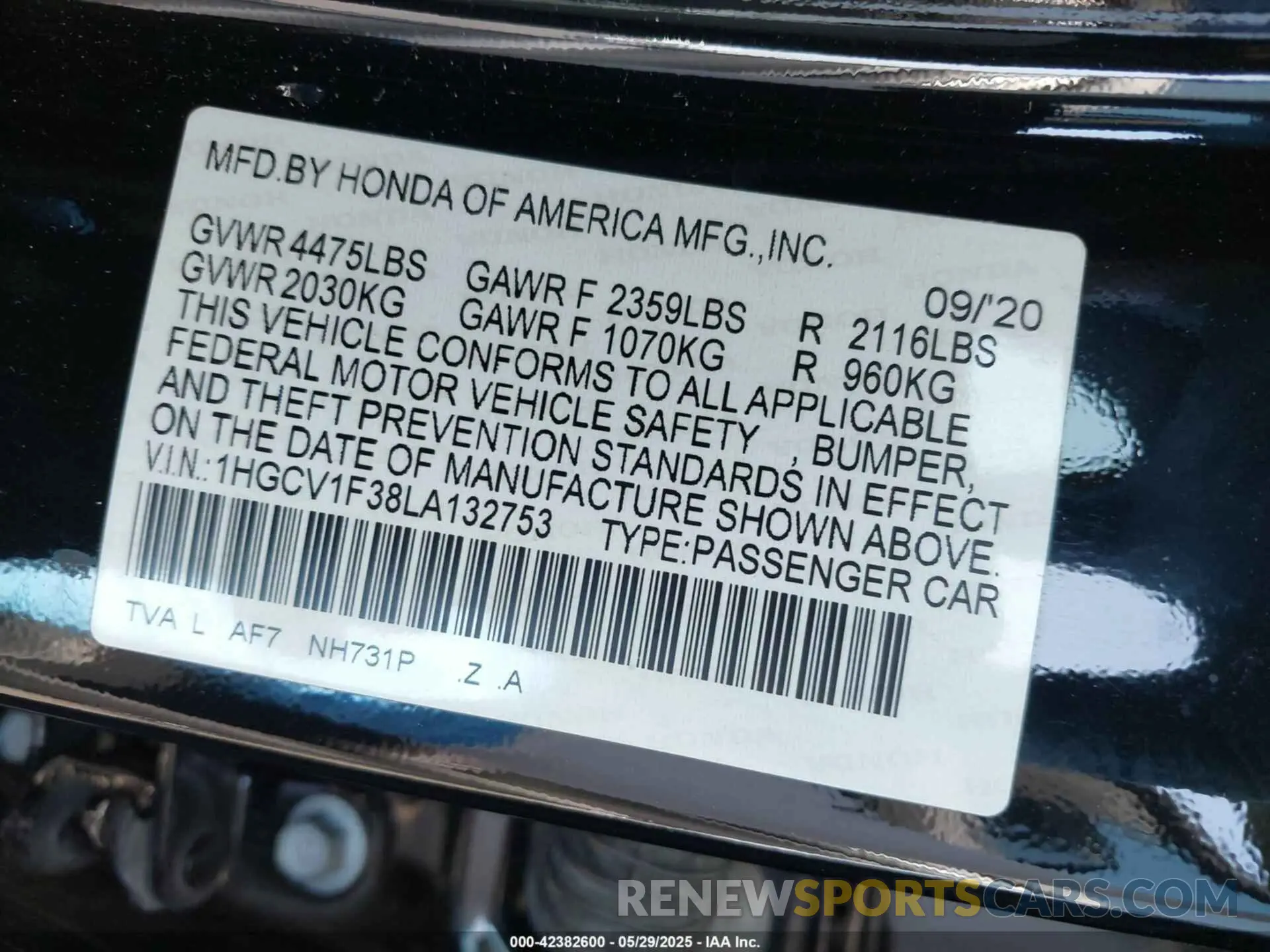 9 Photograph of a damaged car 1HGCV1F38LA132753 HONDA ACCORD 2020