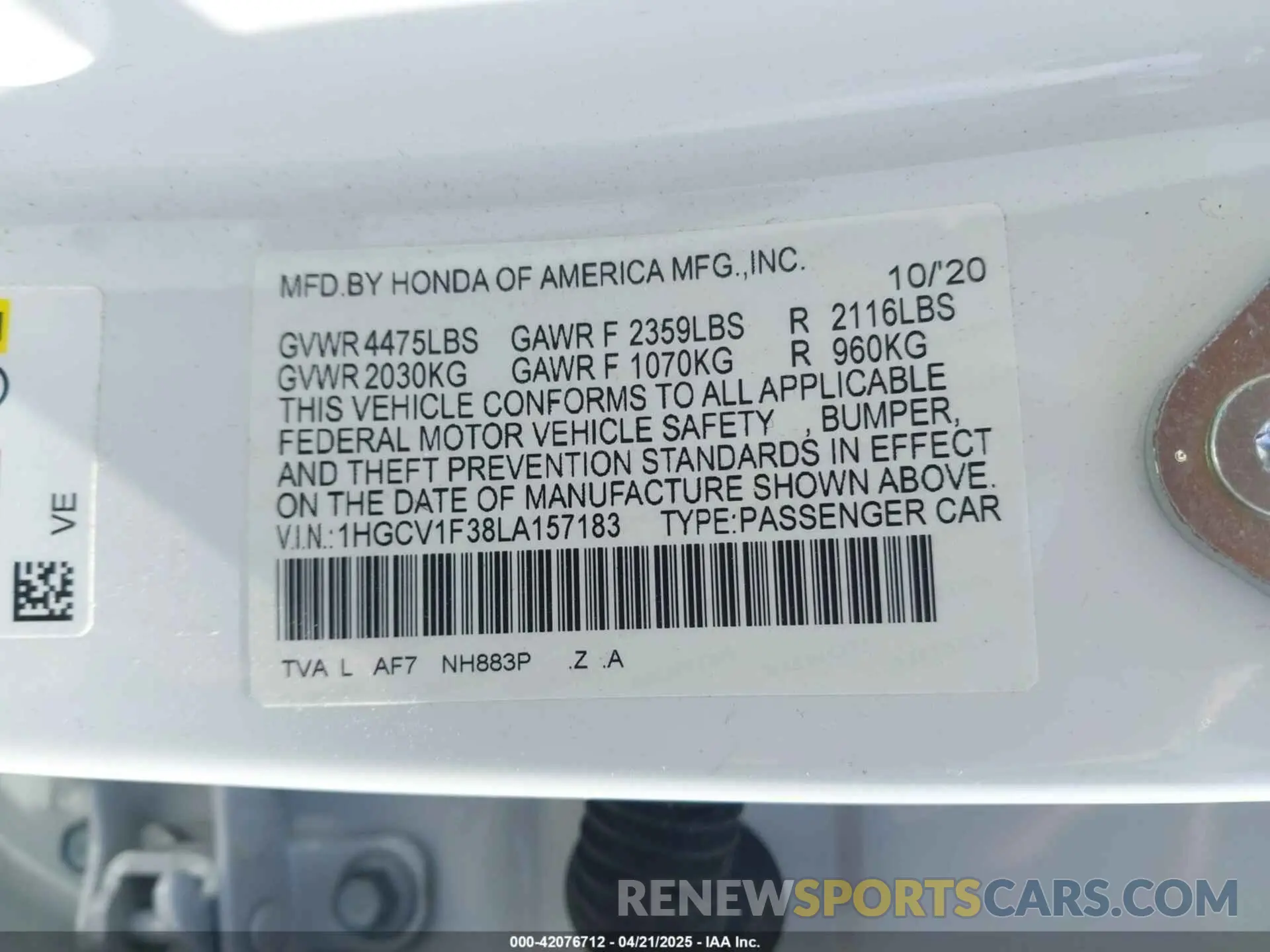 9 Photograph of a damaged car 1HGCV1F38LA157183 HONDA ACCORD 2020