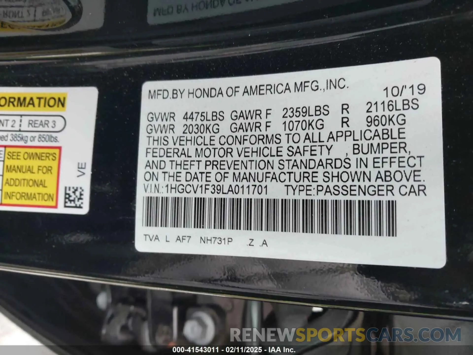 9 Фотография поврежденного автомобиля 1HGCV1F39LA011701 HONDA ACCORD 2020