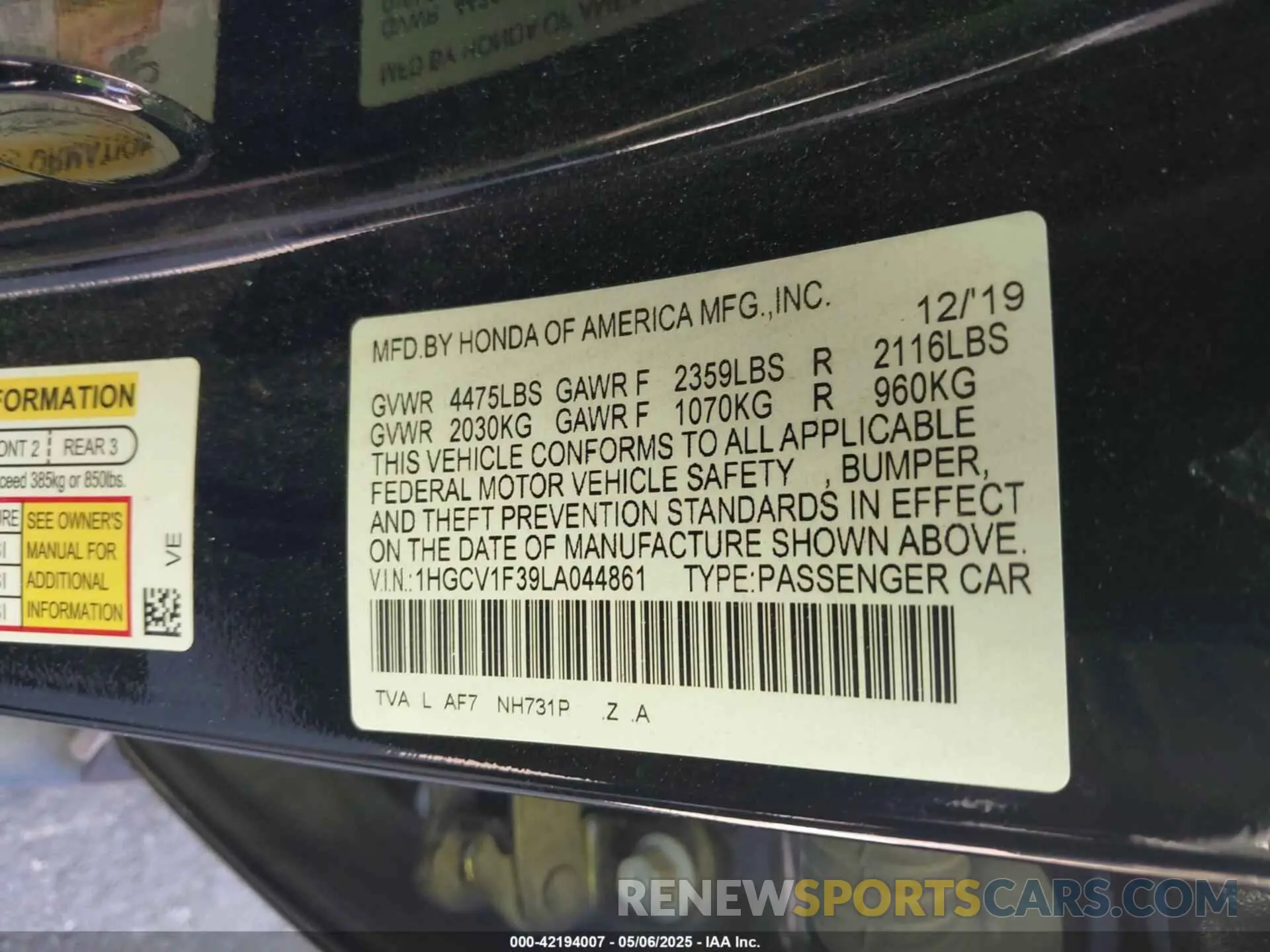 9 Photograph of a damaged car 1HGCV1F39LA044861 HONDA ACCORD 2020