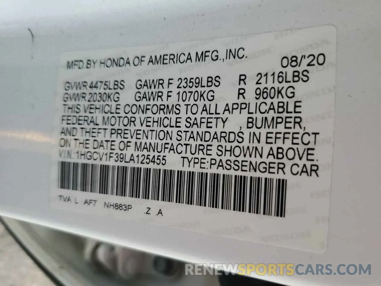 12 Photograph of a damaged car 1HGCV1F39LA125455 HONDA ACCORD 2020