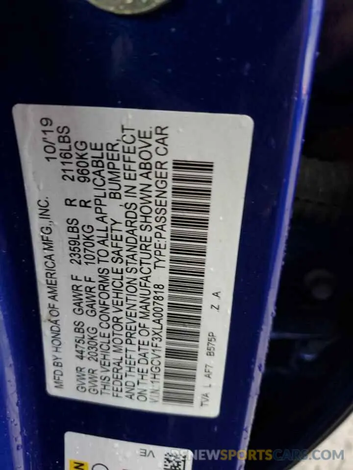 12 Photograph of a damaged car 1HGCV1F3XLA007818 HONDA ACCORD 2020