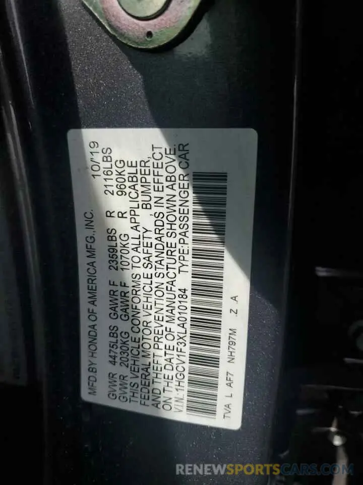 13 Photograph of a damaged car 1HGCV1F3XLA010184 HONDA ACCORD 2020